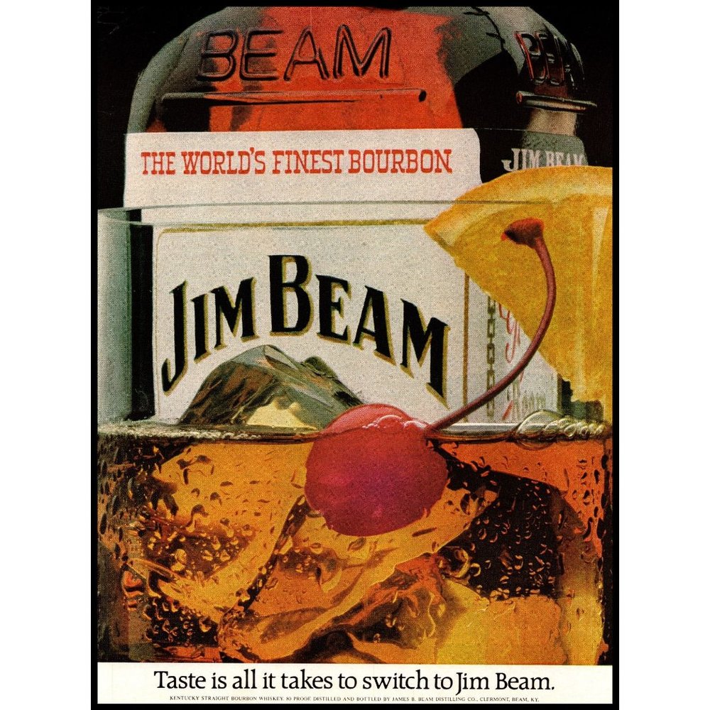 1981 Jim Beam Bourbon Whiskey Vintage Print Ad Old Fashioned Rocks Bar Wall Art